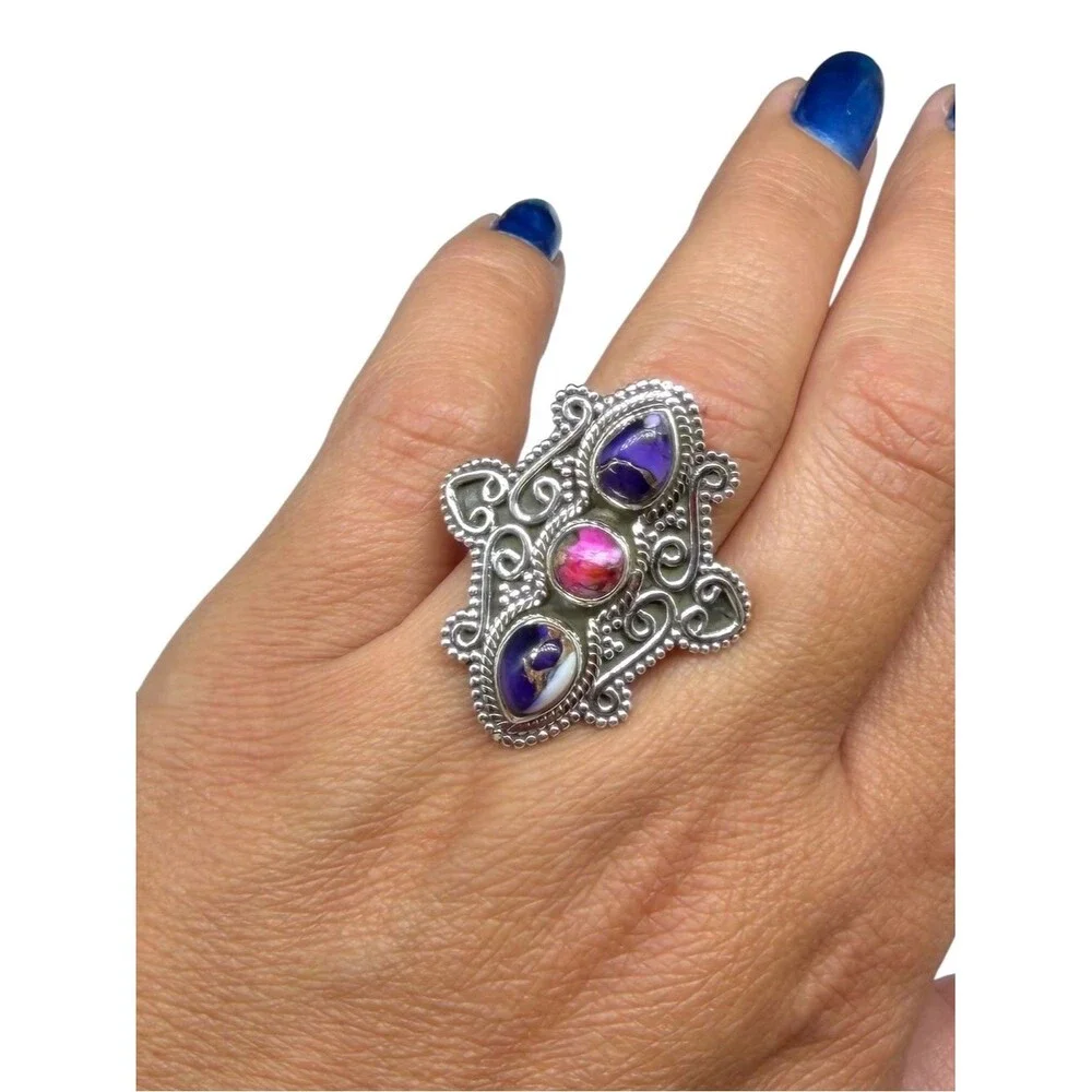 Kingman Pink Purple Dahlia Turquoise Ring Size 7 Solid 925 Sterling Silver